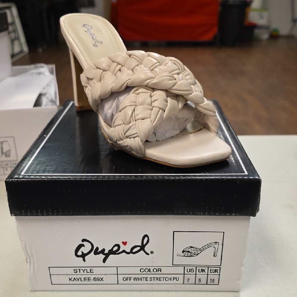 Qupid Off-White Braided Slide Sandal Heel